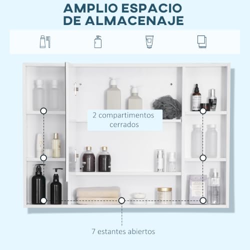 Miniatura 4 de Kleankin Armario De Baño Con Espejo Armario De Pared Mueble De Baño Colgar Con Puerta Estantes Abiertos 100x15x70 Cm Blanco