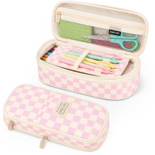 Image of Pencil Case, Large Capacity Aesthetic Pencil Cases with Durable Zipper, Big Stationery Pencil Pouch for Women & Men , Adults Portable Storage Organizer Bag for College, Office, Travel (Pink Grid)