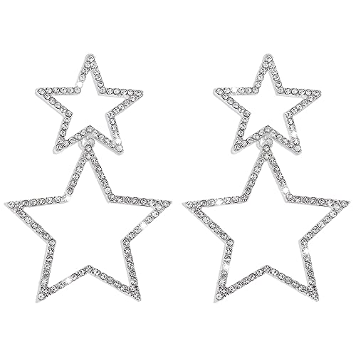 Rhinestone Big Star Dangle Earrings for Women Girls Hypoallergenic Crystal Long Tassel Stars Charms Drop Dangling Stud Fashion Lightweight Festival Christmas Birthday Party Jewelry Dainty Gifts for Friends Fans