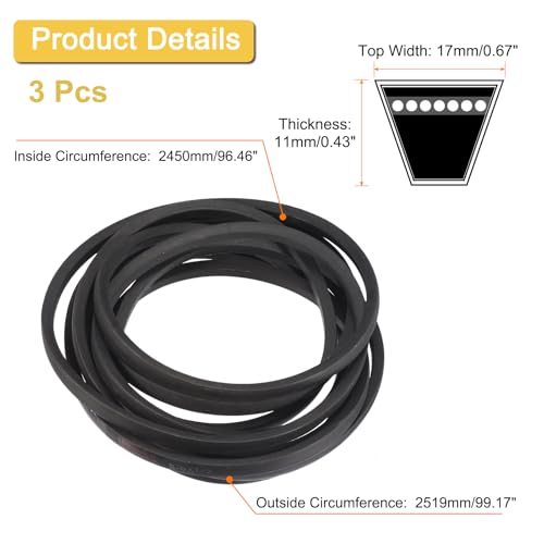 Image of uxcell 3 Pack B96 1 /2 Classic Wrapped V-Belt, 99 inch Outside Circumference Wrapped Industrial Rubber V-Belt B Profile V-Belt for Industrial Machinery Equipment, Black