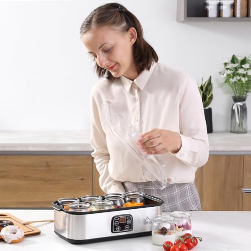 HOMCOM Yogurtera 25W Capacidad 1,44L con 8 Tarros de Cristal de 180 ml Termostato Ajustable Temporizador de 1-48 Horas y Apagado Automático 36x18,8x14 cm Plata - imagen 9