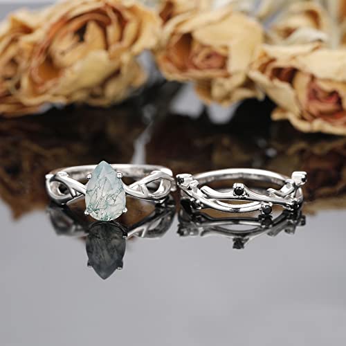 Irroya 925 Silver Vines Style Ring Sets - Solitaire Pear Cut 6X9Mm Natural Moss Agate Bridal Sets - Art Deco Gemstone Rings - Accents Black Spinel Wedding Band - Platinum Plated Sterling Silver Promise Ring - Vintage Rings Gifts For Wife - Gifts For Women - Promise Rings For Her (5) #TOP1