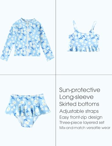 Image of DREAM BUS Toddler Girls Long Sleeve Swimsuit 3 Piece Rashguard Set with Bikini Top Baby Girls Bathing Suit Swimwear