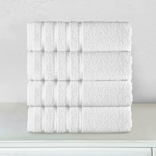 Image of Elegant Comfort 100% Turkish Cotton 4 Lines Viscose Stripe Luxury 4 Pack Hand Towel Set - Ultra Absorbent and Soft 16 x 28 Inch Premium Hotel Spa Quality Towels for Everyday Bath Use, White