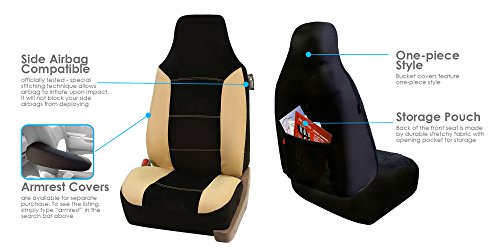 Fh Group Fh-Fb103115 Leather/Velour High Back Car Seat Covers Beige/Tan (Full Set Airbag Ready And Split Rear Bench) Fh1002 Non-Slip Dash Grip Pad-Fit Most Car, Truck, Suv, Or Van #TOP6