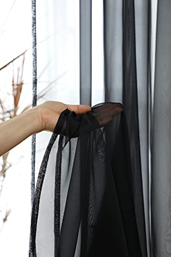 Image of Window Black Sheer Curtains 60 Inches Width 45 Inches Long 2 Panels Sheer Curtain Clear Curtains Basic Rod Pocket Panel for Home Living Room Bedroom Kids Room Yard Patio Parlor Sliding