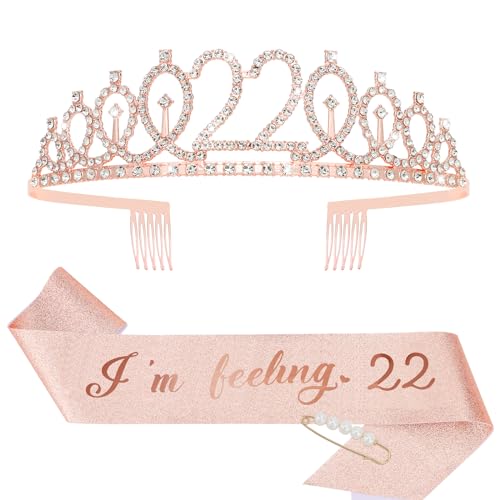 CIEHER 22nd Birthday Sash and Tiara in Rose Gold - Perfect 22nd Birthday Decorations and Gifts for Women and 22 Year Olds - Includes Cake Topper