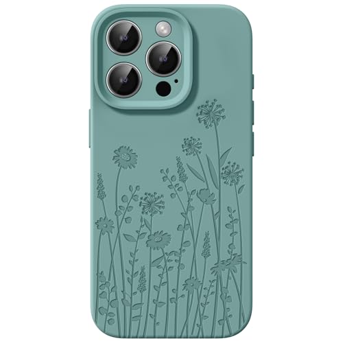 FEWGEY Silikon Hülle für iPhone 16 Pro, kompatibel mit Magsafe, Süße grün Blumen Design, Magnetische Gravierte Handy Hül...