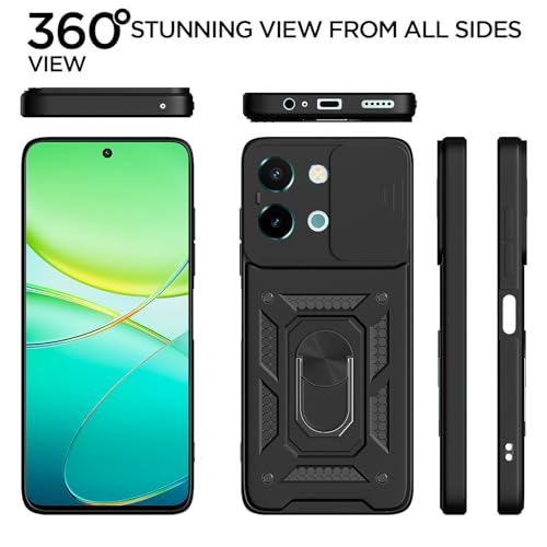 Image of Pikkme D10 Tough Armor Bumper Case | 360 Protection Case | Sliding Camera Shield Cover & Ring Holder Stand Back Cover for Vivo T3x 5G / Vivo Y200i 5G (Black)