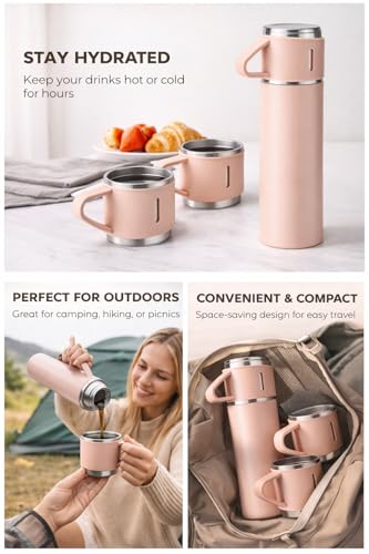 Image of Stainless Steel Vacuum Insulated Bottle Set 500ml with 2 Cups Combo Leak Proof Water Flask Bottle for Tea Coffee Water Travel School Office Corporate Gifts Pink Simple - Not a Thermos
