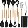 Kit 12 Peças Conjunto Utensílios Cozinha em Silicone Cabo de Madeira Leve Antiaderente Espátula Duráveis Confeitar Organizar Cozinhar Resistentes Altas Temperaturas Colher Concha (Preto)