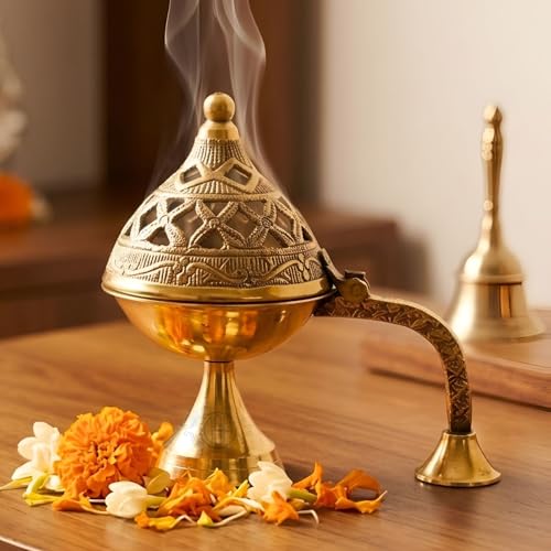 Image of DSH Brass Dhuna Burner for Loban Traditional Dhoop Dani Sambrani Incense Dhuni Holder for Pooja, Spiritual Rituals & Home Purification