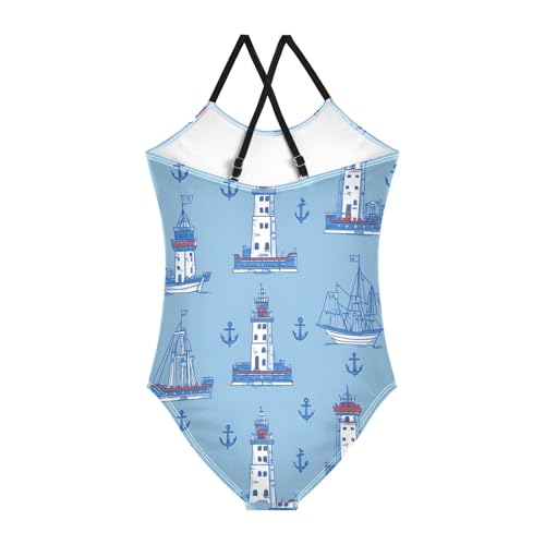 Girls Swimsuit Anchors Ships Pattern One Piece Swimwear2
