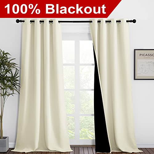 Image of NICETOWN Thermal Insulated 100% Blackout Curtains, Noise Reducing Performance Drapes with Black Lining, Full Light Blocking Drapery Panels for Patio (Beige, 1 Pair, 46 inches x 90 inches)