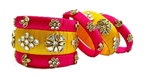 Silk Thread Bangles Designer Beautiiful Kundan Bangle Set - Rani Pink and Yellow