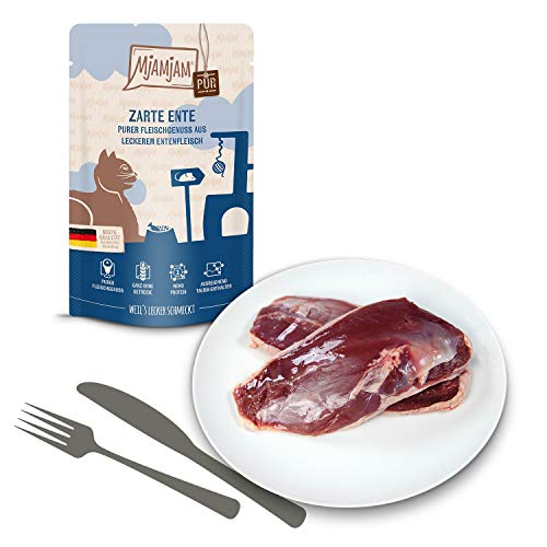 MjAMjAM - Premium Nassfutter für Katzen - Quetschie - purer Fleischgenuss - zarte Ente pur, 12er Pack (12 x 125 g), getreidefrei mit extra viel Fleisch 2