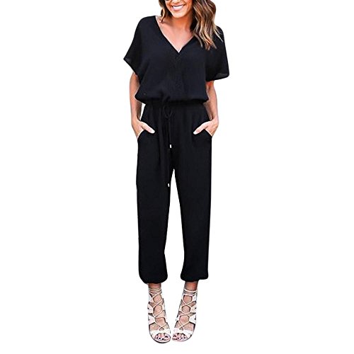 Mono Largo Mujer,Venmo Pantalones Mujer,Monos de Vestir Mujer,Trajes de Fiesta,Gasa Bodycon Monos de Manga Corta de Fiesta Mujer Verano,Casual Pantalones Largo (Negro, M)