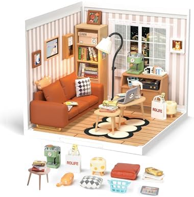 Rolife DIY Miniature Plastic House Building Set Toys Playset with LED Suitable for Mini Figures Construction Toys Diorama Kit Gifts for Adults (Cozy Living Lounge)