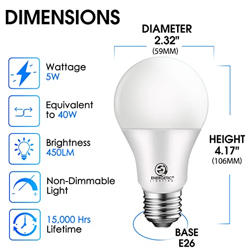 Energetic Smarter Lighting 40W Equivalent, A19 Led Light Bulb, 5000K Daylight(Natural White), E26 Standard Base, Non-Dimmable, 450Lm, Ul Listed, 4-Pack #TOP1