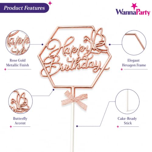 Image of Wanna Party Happy Birthday Cake Topper, Rose Gold Hexagon Frame with Butterfly & Bow, Birthday Cake Decoration Pick for Kids, Adults, Party Cakes & Dessert Table - 1PC