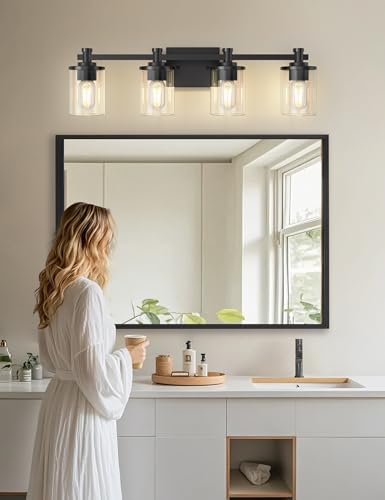 Image of DORESshop 4-Light Black Bathroom Light Fixtures Over Mirror, Modern Wall Sconce with Clear Glass Shade, Vanity Lights for Bathroom