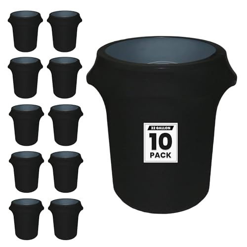 YOUR CHAIR COVERS - 32 Gallon Black Spandex Trash Can Cover, Fitted Stretch Covers for Trash Cans, Garbage Bins, and Waste Containers - Pack of 10