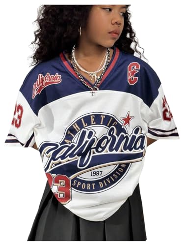 Image of Floerns Girl's Jersey Shirt Printed Oversized Short Sleeve Mesh Tee Shirts V Neck Sport Jersey Shirts