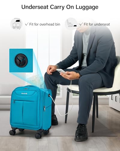 Image of Hanke 45CM Small Soft Shell Cabin Trolley Bags, 8 Silent Spinner Wheels,Charging Port, 8 Storage Compartments, Lightweight Compact Carry-On Luggage for Short Trips & Overnight Use,Caribbean Blue