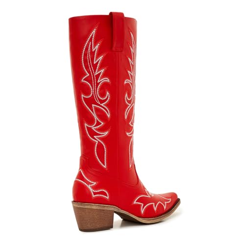 Image of Uillnoodu Women's Turquoise Cowgirl Boots - Wide Calf Mid Calf Western Boots Plus Size Embroidered Cowboy Style with Block Heel