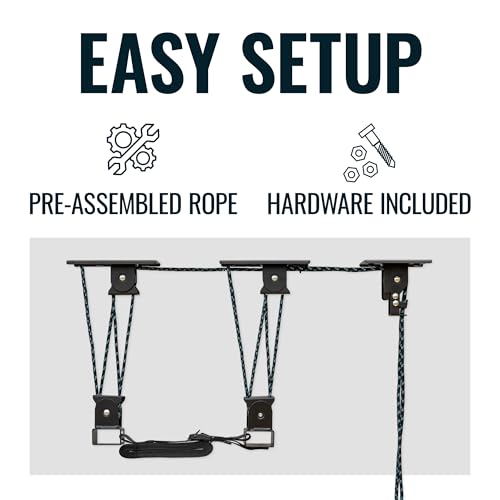 Image of Teal Triangle Elite Pulley Hoist for Kayaks, Canoes, and Paddleboards - Heavy Duty Garage Storage Lift for Kayaks - Premium Canoe Hanger Holds 150 lbs and Fits 12 ft Garage Ceilings