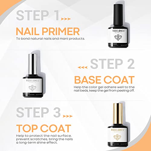 Image of modelones Gel Base Top Coat Set with Nail Primer, 3 Pcs No Wipe Clear Base and Top Coat Nail Bonder Primer Set for Nails Super Shiny Long Lasting Home DIY Manicure Gift for Women