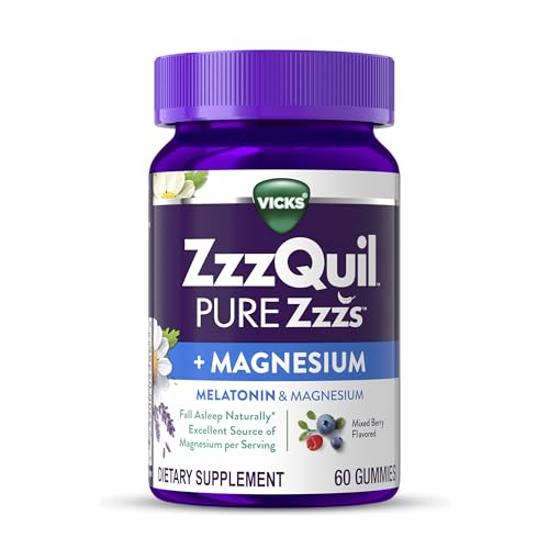 ZzzQuil Pure Zzzs + Magnesium, Sleep Aid, Magnesium Citrate and Melatonin Gummies, Melatonin 2mg, Sleep Aids for Adults, Mixed Berry Flavored, 60 Sleep Gummies