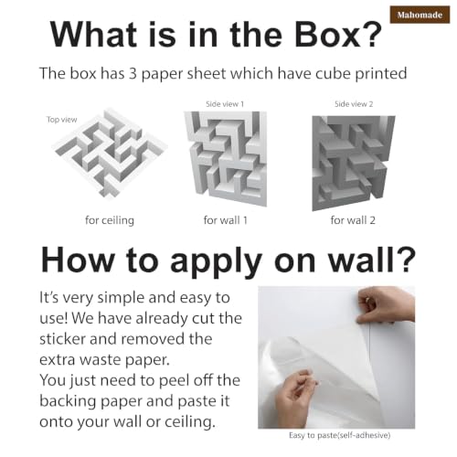 Image of Mahomade 3D Cube Illusion Wall Art, 20x20 inches, Geometric Optical Illusion Vinyl Wall Decal for Wall & Ceiling | Self-Adhesive Peel & Stick | Modern Room Decor