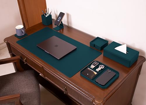 Image of V-CUBE Designs Premium Vegan Leather Executive Set of 6| Multipurpose Personal Desk Organizer| Desk Mat | Valet Tray| Tissue Holder | Pen Holder| Coaster | Mobile Stand for Office Table & Home - Teal