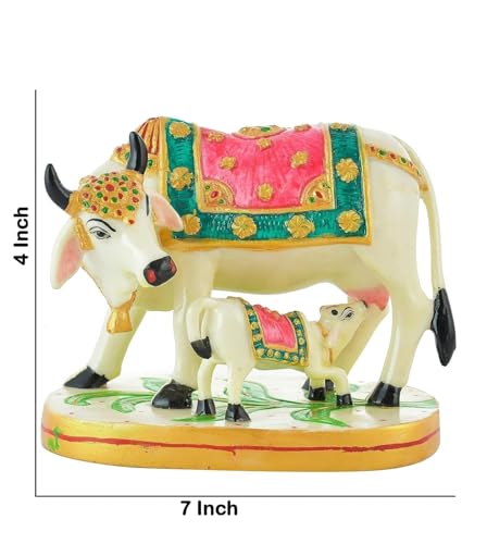 Image of Calf Statue in Marble Dust, 9CM Holy COWw Idol, Showpiece for Home Decor, Handmade Divine COWw, Mother COWw with Baby Calf, kamdhenu (Pink)