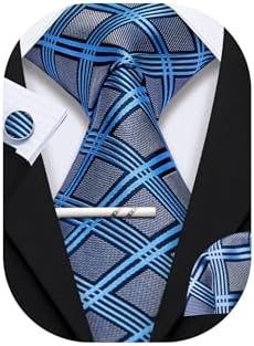 YOHOWA Grey Plaid Check Tie Set Mens Formal Silk Necktie with Hanky and Cufflinks