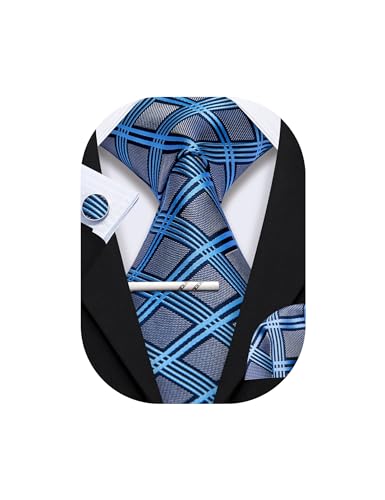 YOHOWA Grey Plaid Check Tie Set Mens Formal Silk Necktie with Hanky and Cufflinks