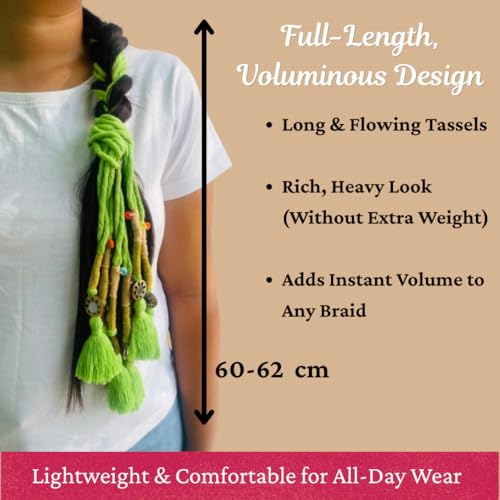Image of Zippy Flora Neelima Parandi (Parrot Green) | Traditional Boho Handmade Paranda Hair Accessory with Braid Tassels | Women's Ethnic Hair Extension for Choti, Braids & Patiala Shahi Hairstyles