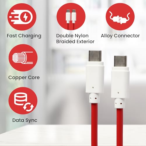 Image of 65W Type C to Type c WARP /Dash C Type Cable Fast Charging, 10000+ Bends Lifespan Compatible for One Plus 11 /11R /10 /10pro /10r /Google Pixel and Other USB-C Type Devices, C to C Cable - 1M Red
