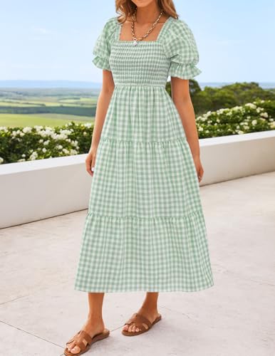 Image of ZESICA Women's 2026 Boho Summer Dresses Gingham Puff Sleeve Square Neck Flowy Beach Midi Dress