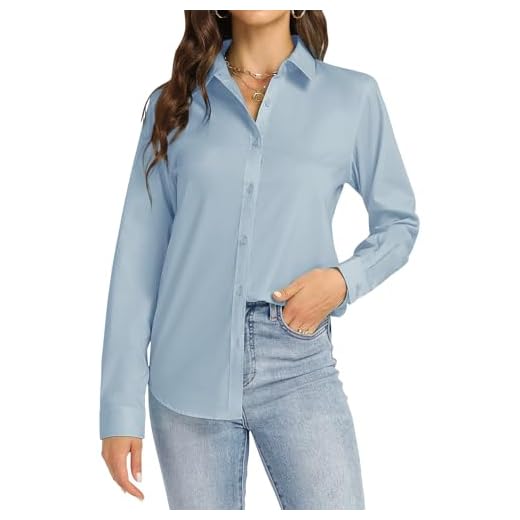 J.VER Blusenshirt Damen Business Reise Blusen Knitterfrei Langarmshirt Stretch Komfort Damenbluse Stylische Oberteile Nebelblau