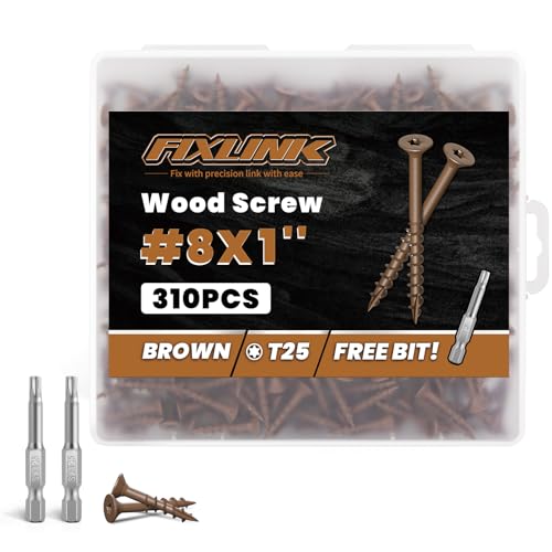 Image of Wood Screws 1 Inch, FIXLINK Deck Screws #8 x 1, 310 PCS, Epoxy Coated, T25 Star Bit Above 1500 Hour Salt Spray Coating Outdoor Decking Screws Excellent Rust Resistant for Wood Fence, Brown
