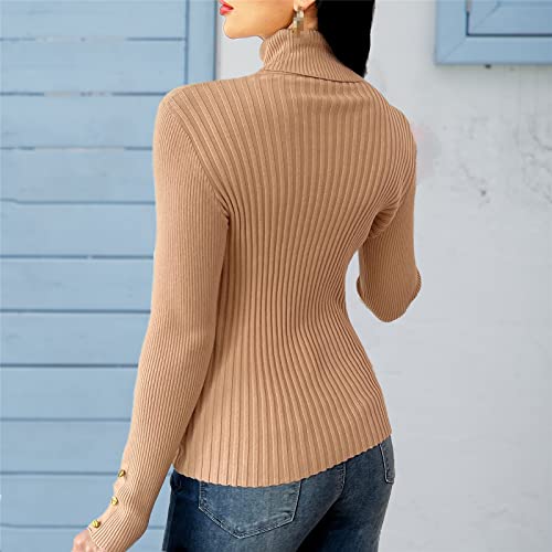 Women's Turtleneck Sweater Long Sleeves Solid Metal Button Fitted Knit Pullover Tops3