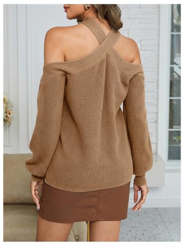 Image of MakeMeChic Women's Off The Shoulder Sweater Halter Criss Cross Pullover