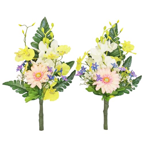 山久 造花 仏花 モカラとオンシジュウムの小花束 一対 約25cm 仏壇用 小さめ CT触媒(消臭分解・防汚)加工 シルクフラワー お彼岸 お盆 お仏壇 お墓 花 お供え btb