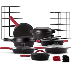 Cuisinel Cast Iron 23-Pc Cookware Set – 8″ Skillet + Cast Iron Lid + 12″+Lid + 10″ Braiser with Lid + Grill Pan + Lid + Griddle + 5-Qt Dutch Oven + Multi-Cooker + 12″+15″ Pan Rack + Scraper + Handles