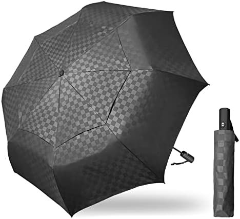 Satol Large Golf Umbrella 62 Inch, Black Automatic Windproof Double Canopy Vented 8 Ribs Sturdy Folding Umbrella, UPF 50+ Portable Wind Resistant Sun & Rain Compact Umbrellas for Travel (checkered)