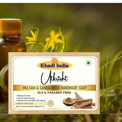 Image of Khadi Multani & Sandalwood Handmade Bathing Soap Bar 125g (Pack of 5) | Natural & Herbal | Hydrating, Glowing & Brightening | For Skin Pores & Wrinlees | All Skin Types | For Men & Women