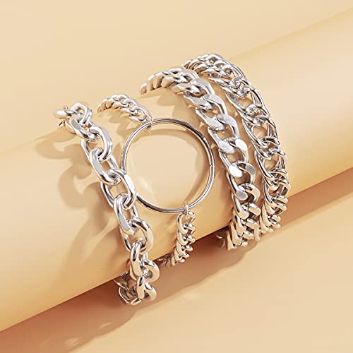 Image of Silver Chunky Chain Bracelet Trendy Wristband Set Open Cirlcle Charm Hand Accessories Punk Fashion Jewelry (Silver)