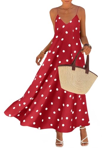 Image of KIRUNDO Womens Polka Dot Spaghetti Strap Flowy Maxi Dress | Sleeveless V Neck Boho Long Dresses, 2026 Summer Beach Vacation Cruise Outfits, A-Line Backless Sundress With Pockets